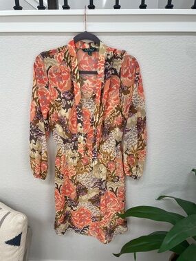 Laure Ralph Lauren  Tie-Neck Mini Dress in Coral Multi Georgette style size 10